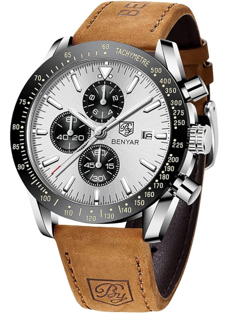 Mens Watch Waterproof Chronograph Date Watch for Men Brown Leather Strap Quartz Movement Analog Watch Business Casual Gift for Men