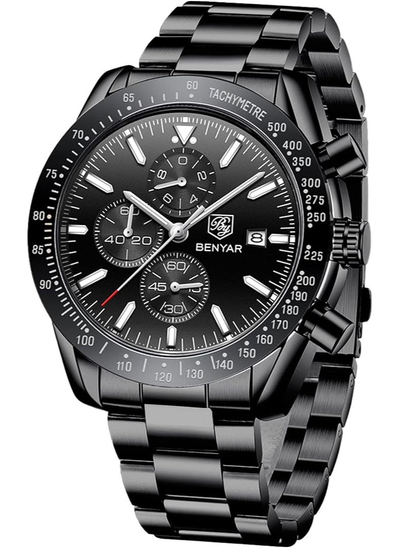 Mens Watch Waterproof Chronograph Date Watch for Men Stainless Steel Strap Quartz Movement Analog Watch Business Casual Gift for Men