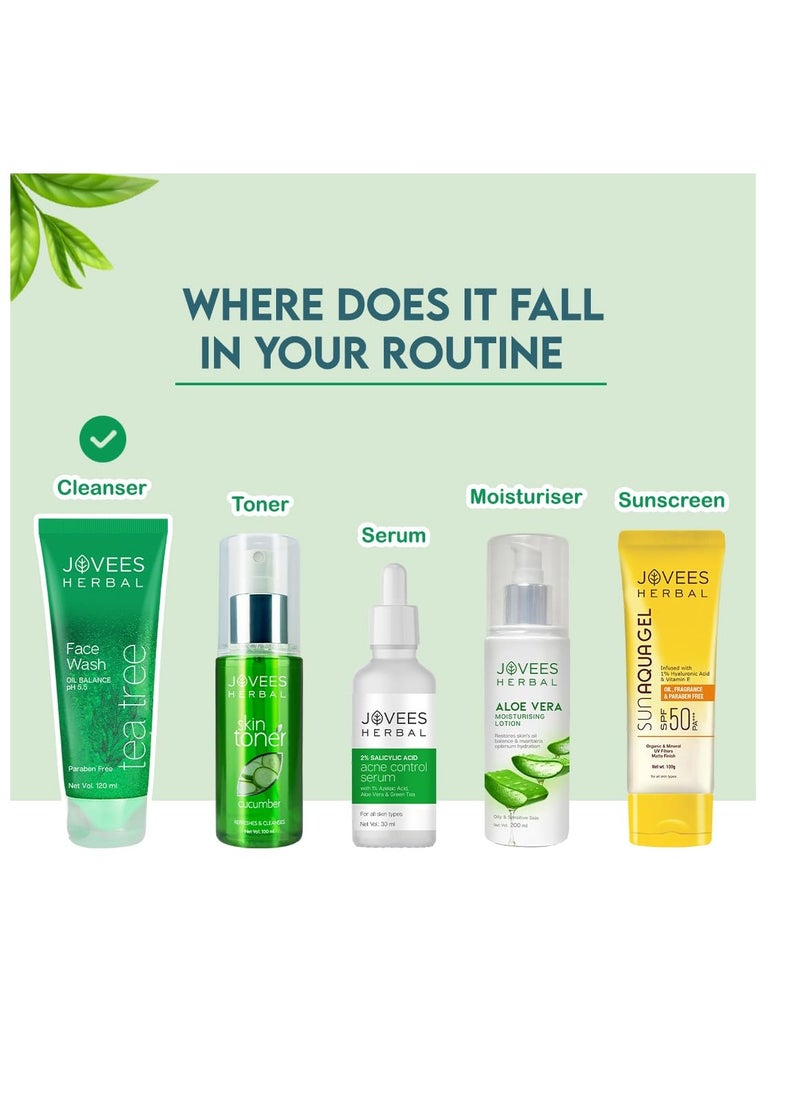 Jovees Herbal Tea Tree Oil Control Face Wash for Oily & Sensitive Skin | Paraben & Alcohol-Free, Controls Oil, Prevents Breakouts, Remove Dead Skin | Gentle Cleanser For All Skin Types - 120ml