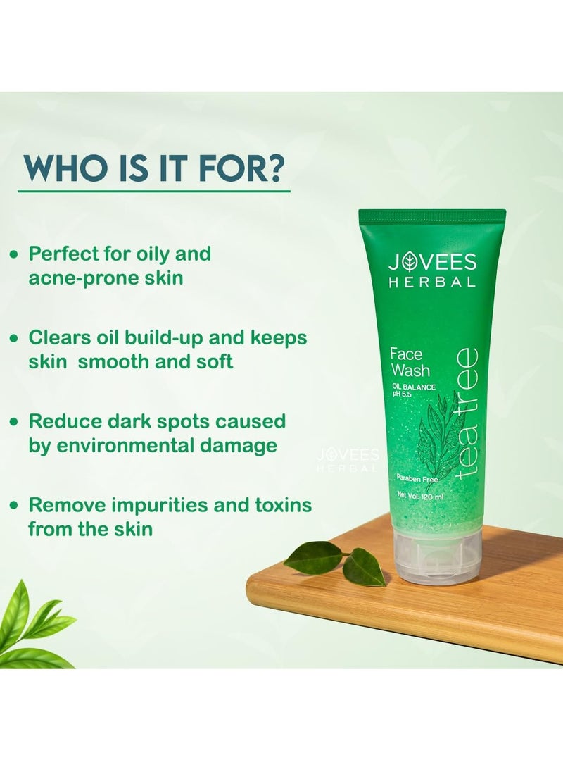 Jovees Herbal Tea Tree Oil Control Face Wash for Oily & Sensitive Skin | Paraben & Alcohol-Free, Controls Oil, Prevents Breakouts, Remove Dead Skin | Gentle Cleanser For All Skin Types - 120ml