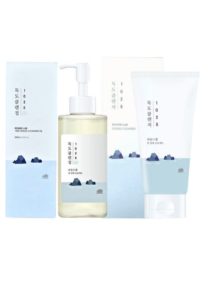 1025 Dokdo Cleansing Oil 200ml And Round Lab 1025 Dokdo Cleanser 150ml (Double Cleansing Duo), For Sensitive, Pore-clogged Skin