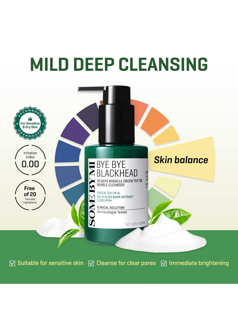 SOME BY MI Bye Bye Blackhead 30 Days Miracle Green Tea Tox Bubble Cleanser - 4.23 Oz, 120g - Korean Face Wash for Removing Blackhead - Daily Pore Minimizer for Face Skin Texture - Korean Skin Care 120grams