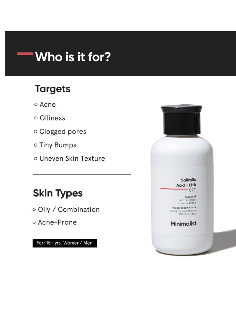 Minimalist 2% Salicylic Acid Face Wash for Oily, Acne Prone Skin | Anti Acne Face Wash With LHA & Zinc | Sulphate free Gentle BHA Liquid Exfoliant | For Women & Men | 3.4 Fl Oz / 100 ml
