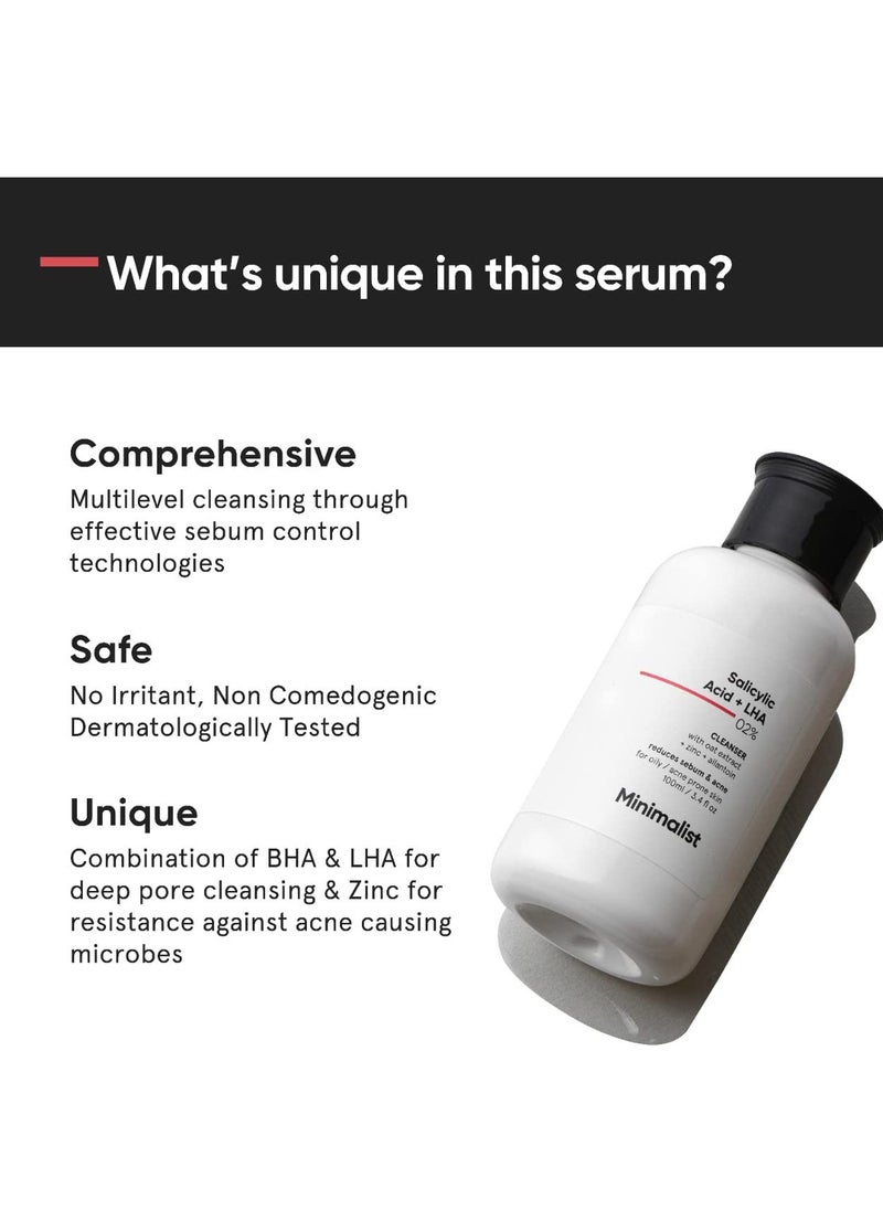 Minimalist 2% Salicylic Acid Face Wash for Oily, Acne Prone Skin | Anti Acne Face Wash With LHA & Zinc | Sulphate free Gentle BHA Liquid Exfoliant | For Women & Men | 3.4 Fl Oz / 100 ml