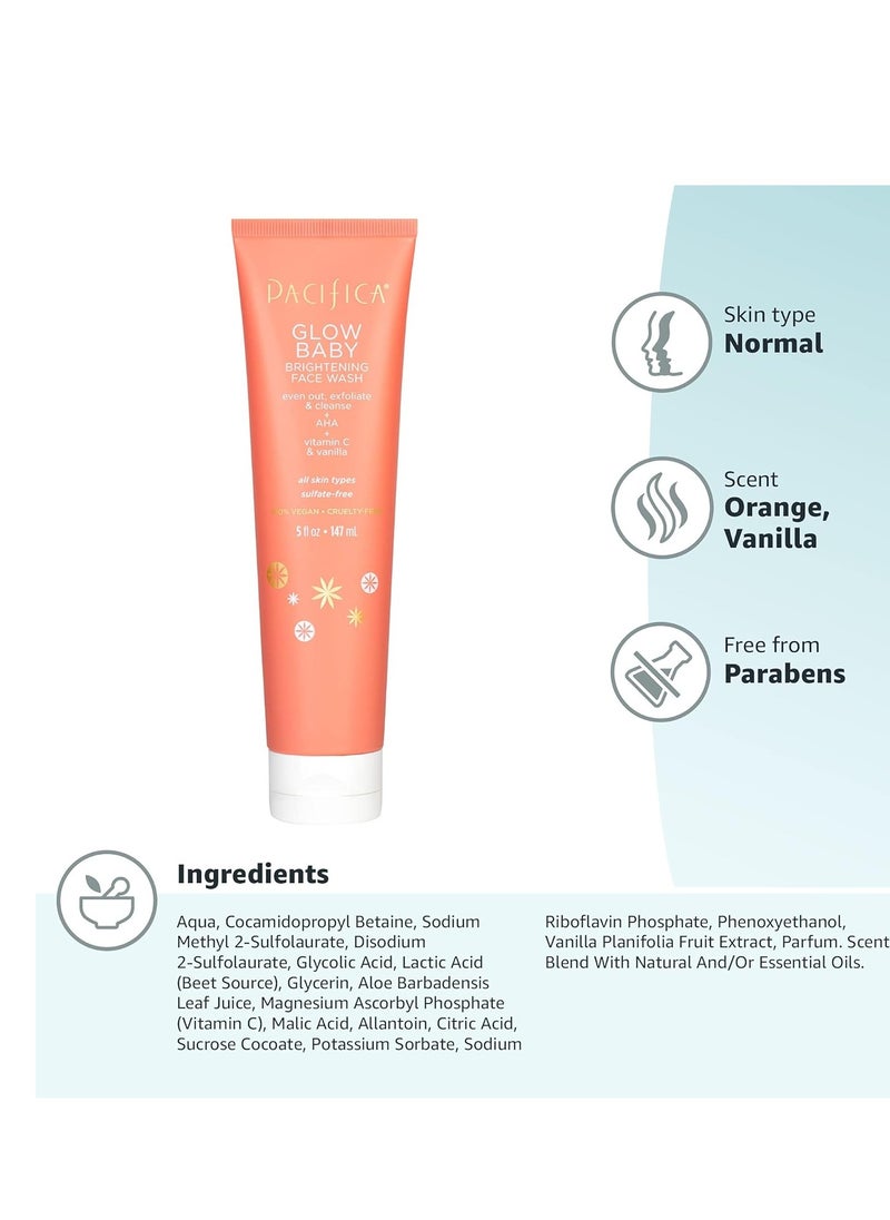 Pacifica Beauty Glow Daily Face Cleanser, Exfoliating, Vitamin C, AHA, Vanilla, For All Skin Types, Sulfate and Paraben Free, Vegan and Cruelty Free, 5 Oz