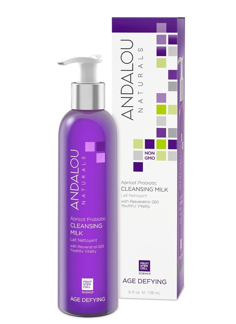 Andalou Naturals Probiotic Cleansing Milk, Apricot Facial Cleanser for Dry, Dehydrated Skin, Gentle Makeup Remover, Hydrating Anti Aging Face Wash, Cruelty Free, 6 Fl Oz