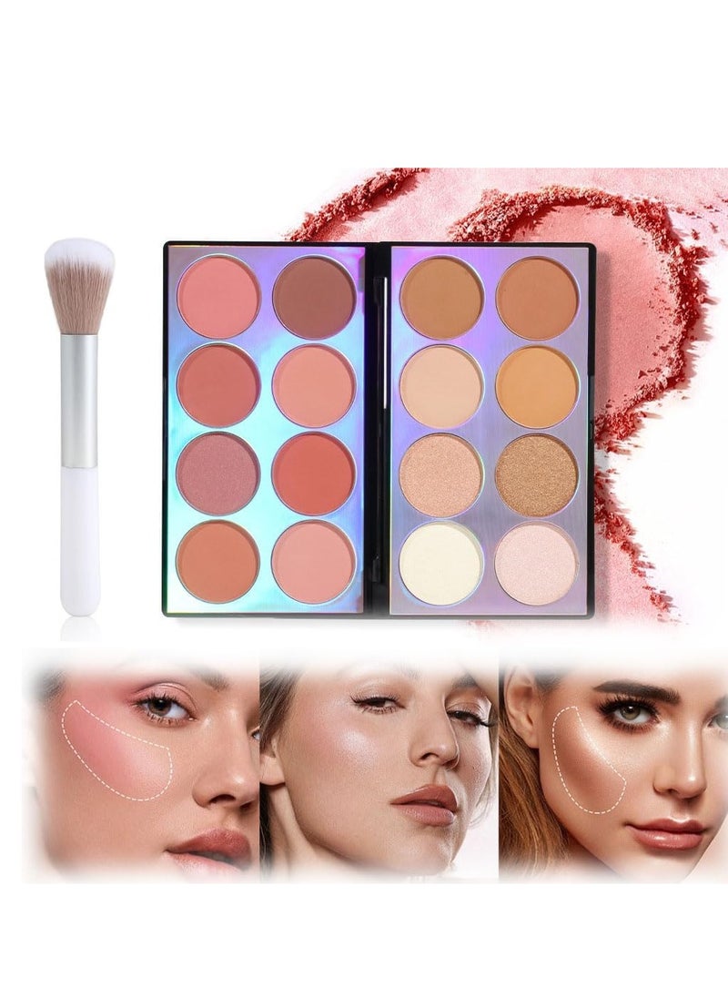 Blush Contour Highlighter Makeup Palette with Brush, 16 Colors Shimmer Face Blush Powder for Cheek