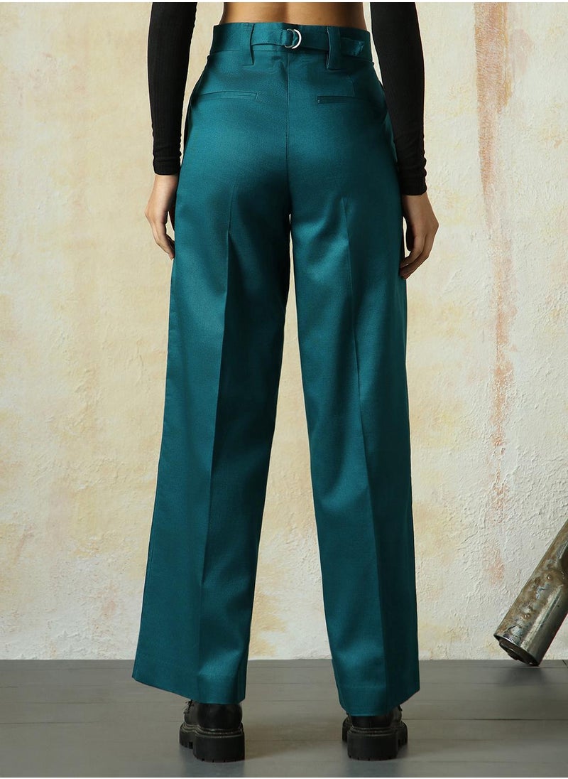 Women's Deep Teal Cotton Blend Solid Full Length Chinos Wide Leg Trouser