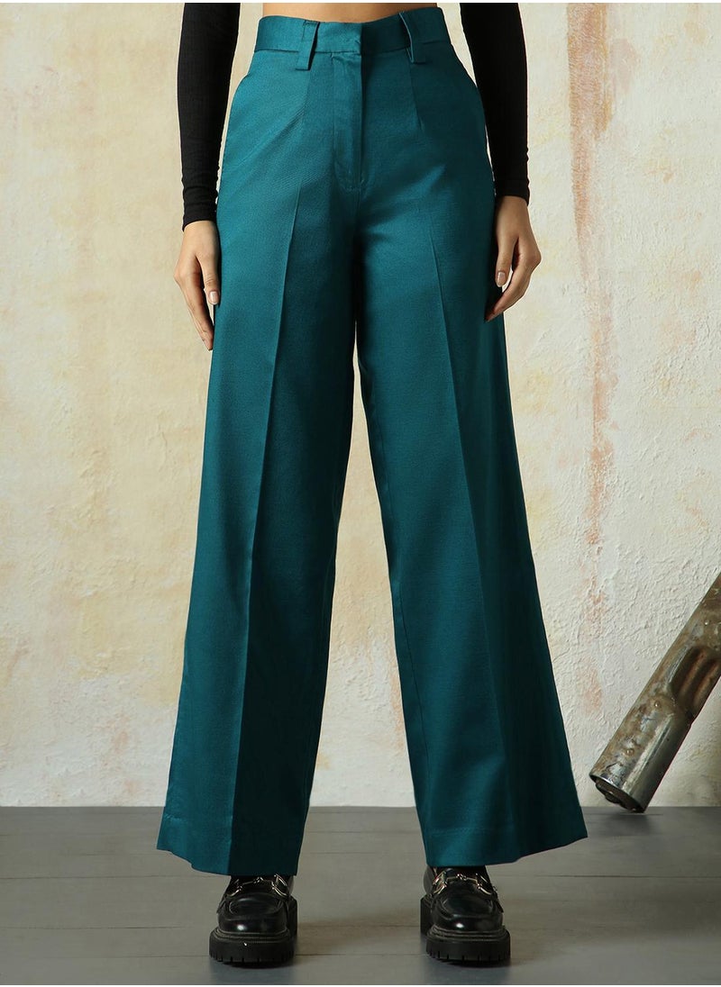 Women's Deep Teal Cotton Blend Solid Full Length Chinos Wide Leg Trouser