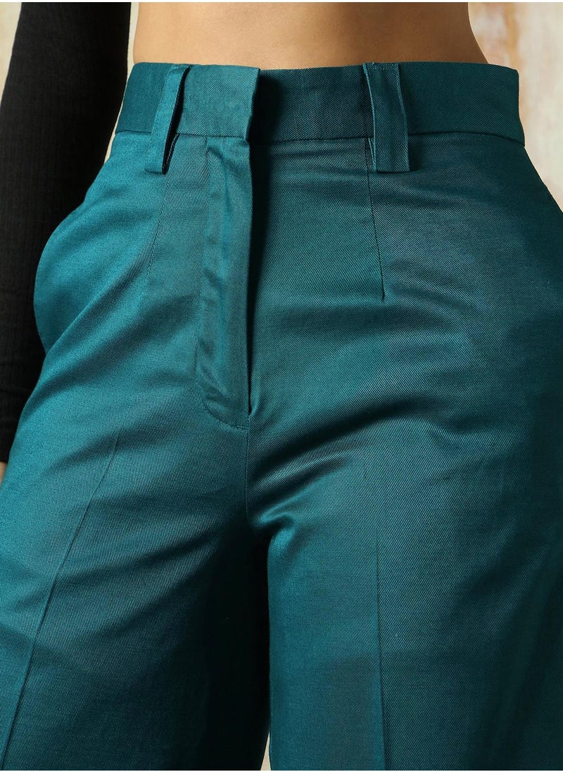 Women's Deep Teal Cotton Blend Solid Full Length Chinos Wide Leg Trouser
