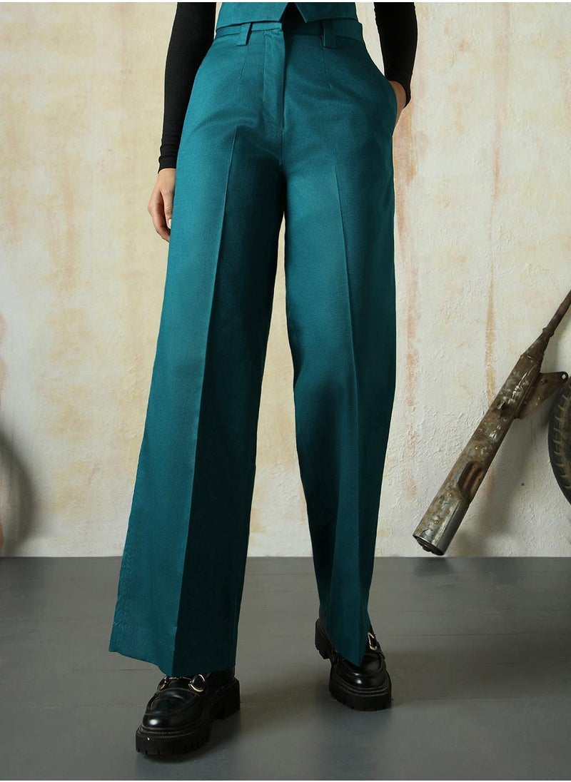 Women's Deep Teal Cotton Blend Solid Full Length Chinos Wide Leg Trouser