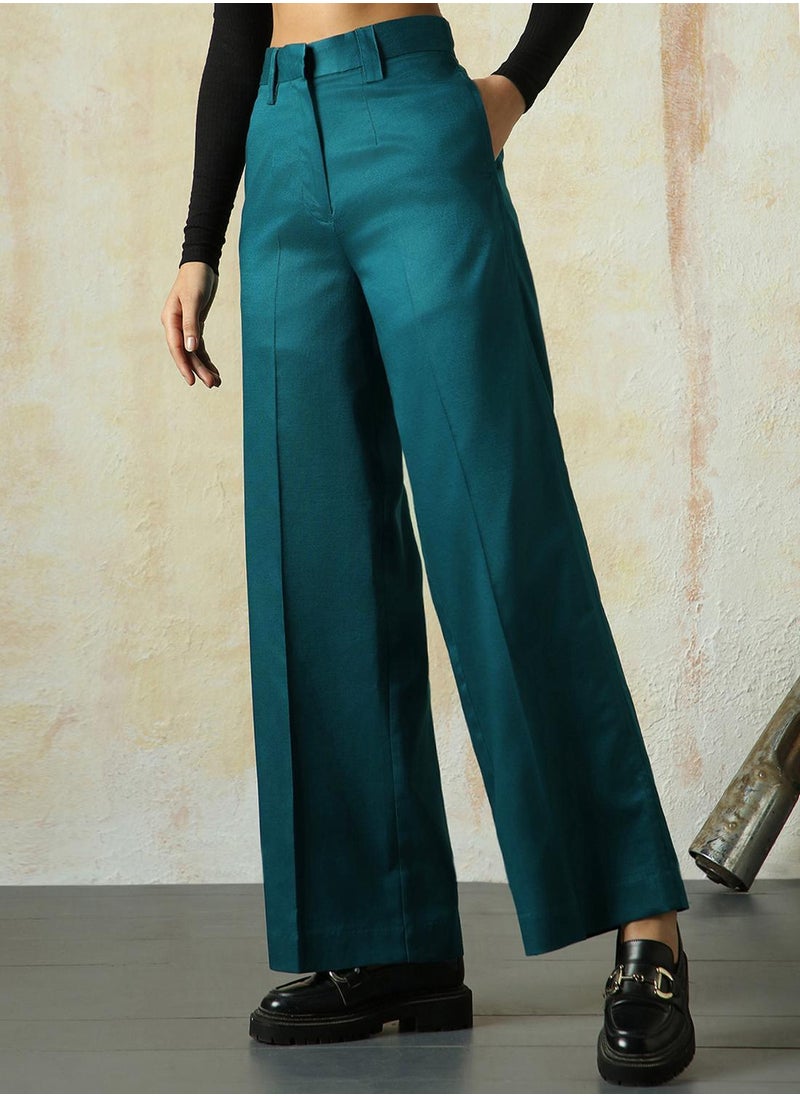 Women's Deep Teal Cotton Blend Solid Full Length Chinos Wide Leg Trouser