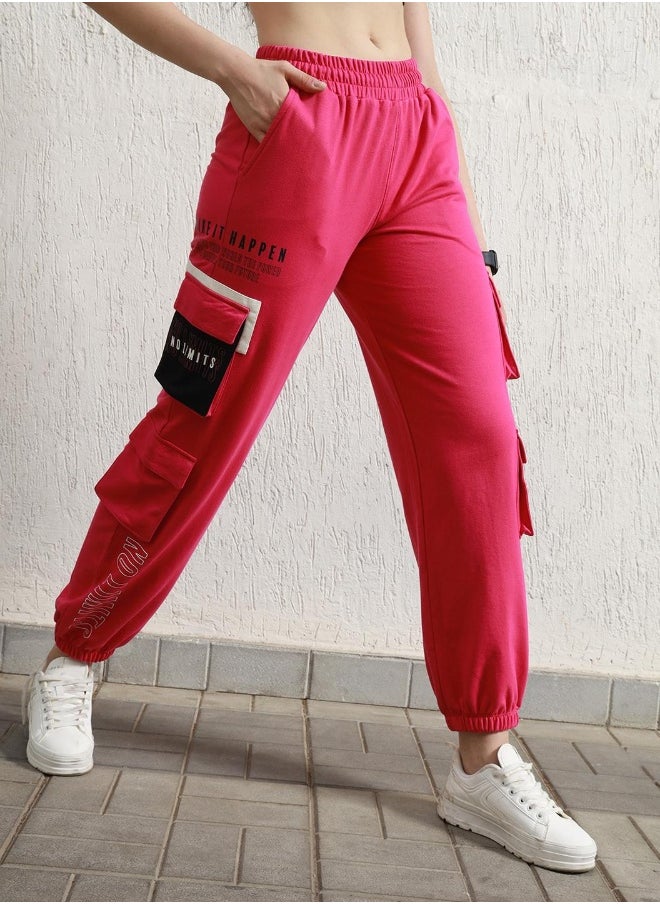 Women's Pink Cotton Blend Printed Full Length Cargo Regular Fit Trouser