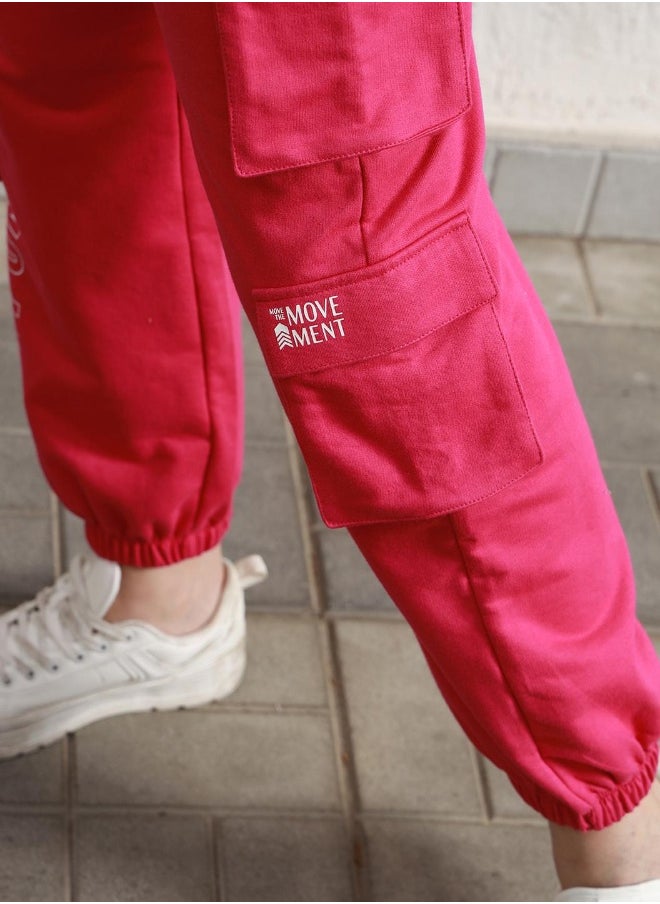 Women's Pink Cotton Blend Printed Full Length Cargo Regular Fit Trouser