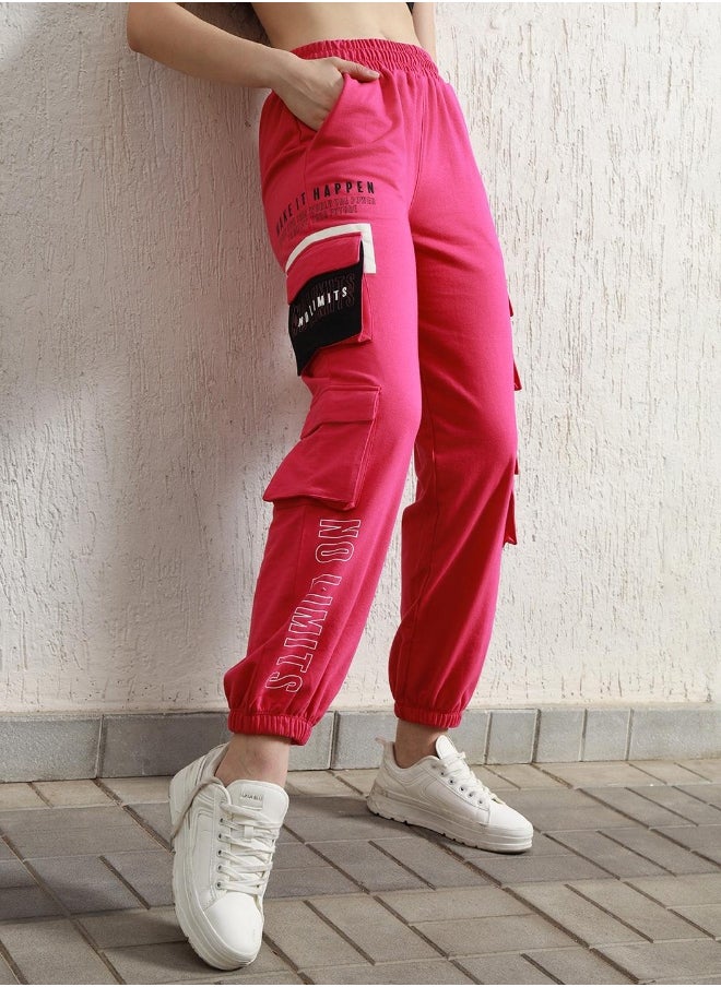 Women's Pink Cotton Blend Printed Full Length Cargo Regular Fit Trouser