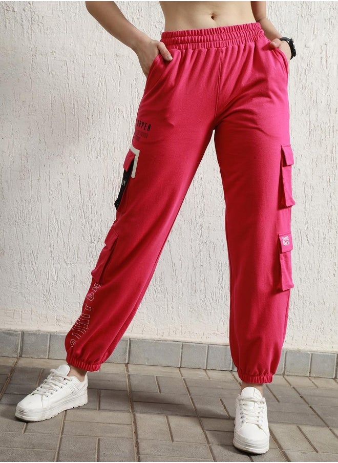 Women's Pink Cotton Blend Printed Full Length Cargo Regular Fit Trouser
