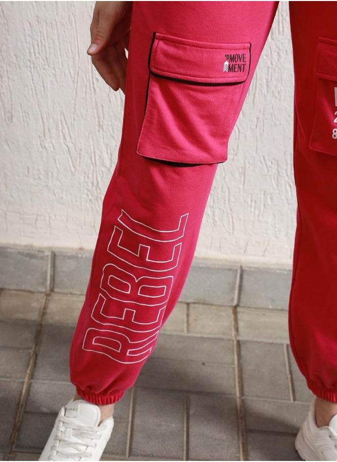 Women's Pink Cotton Blend Printed Full Length Cargo Regular Fit Trouser