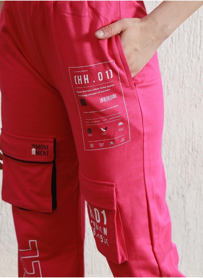 Women's Pink Cotton Blend Printed Full Length Cargo Regular Fit Trouser