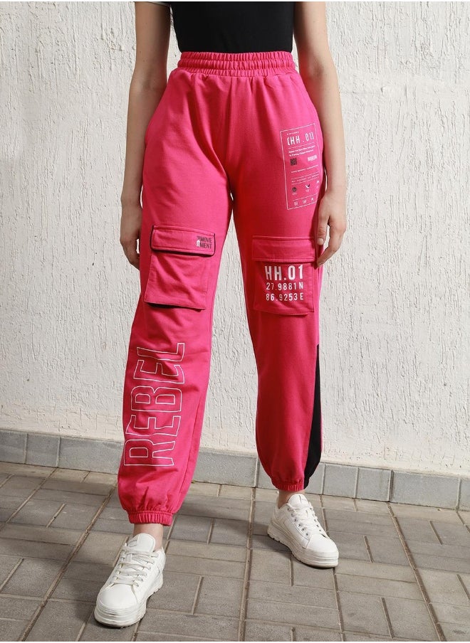 Women's Pink Cotton Blend Printed Full Length Cargo Regular Fit Trouser