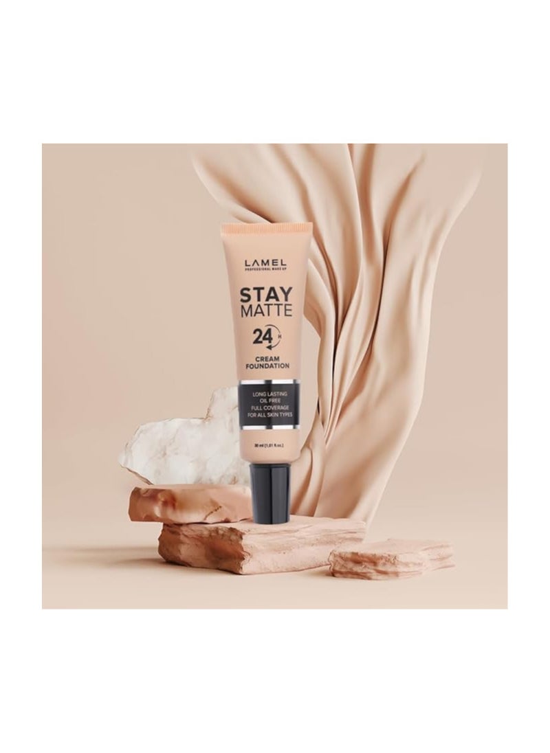 LAMEL Foundation Stay Matte - Full Coverage Foundation - Long-Lasting & Waterpoof - Dewy & Flawless Finish - For All Skin Type - Organic & Oil-Free - Anti-Aging Formula, 404-1.01 fl.oz (Toffee)