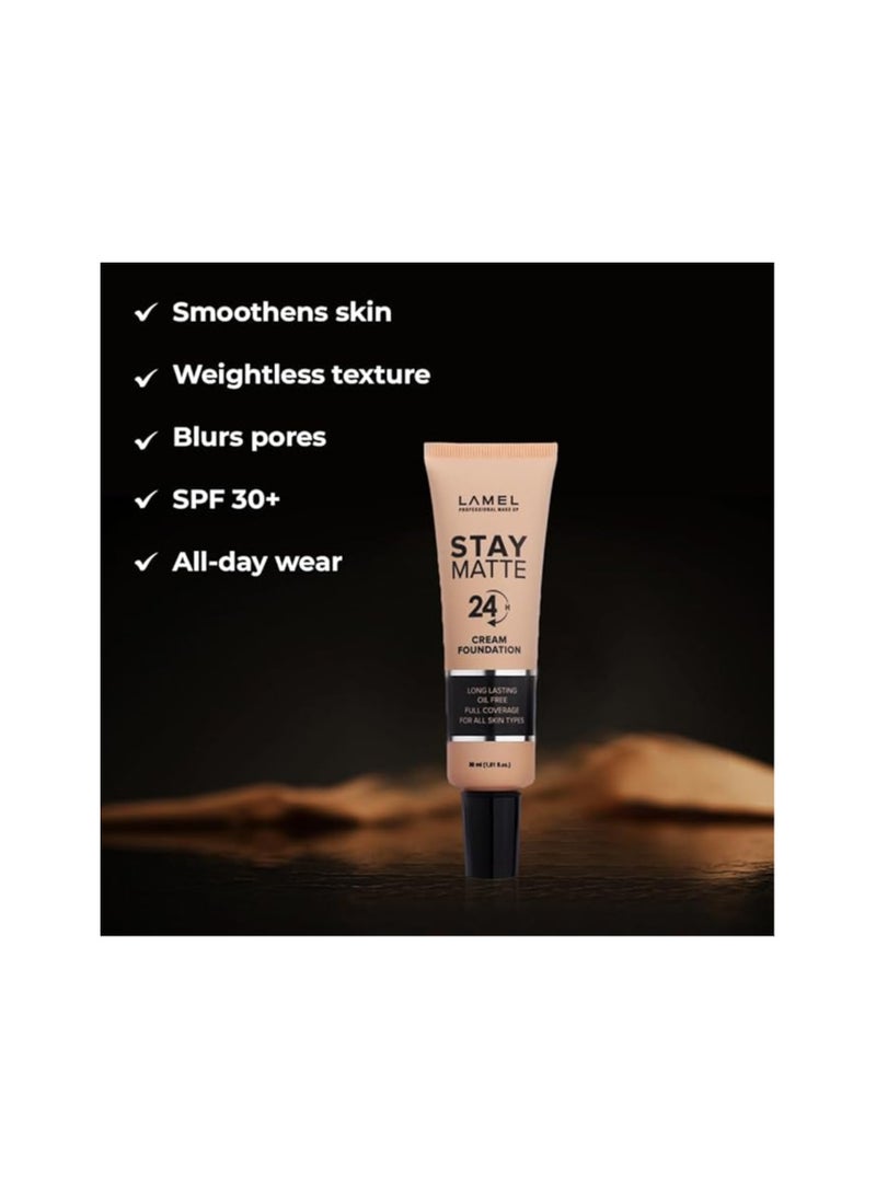 LAMEL Foundation Stay Matte - Full Coverage Foundation - Long-Lasting & Waterpoof - Dewy & Flawless Finish - For All Skin Type - Organic & Oil-Free - Anti-Aging Formula, 404-1.01 fl.oz (Toffee)