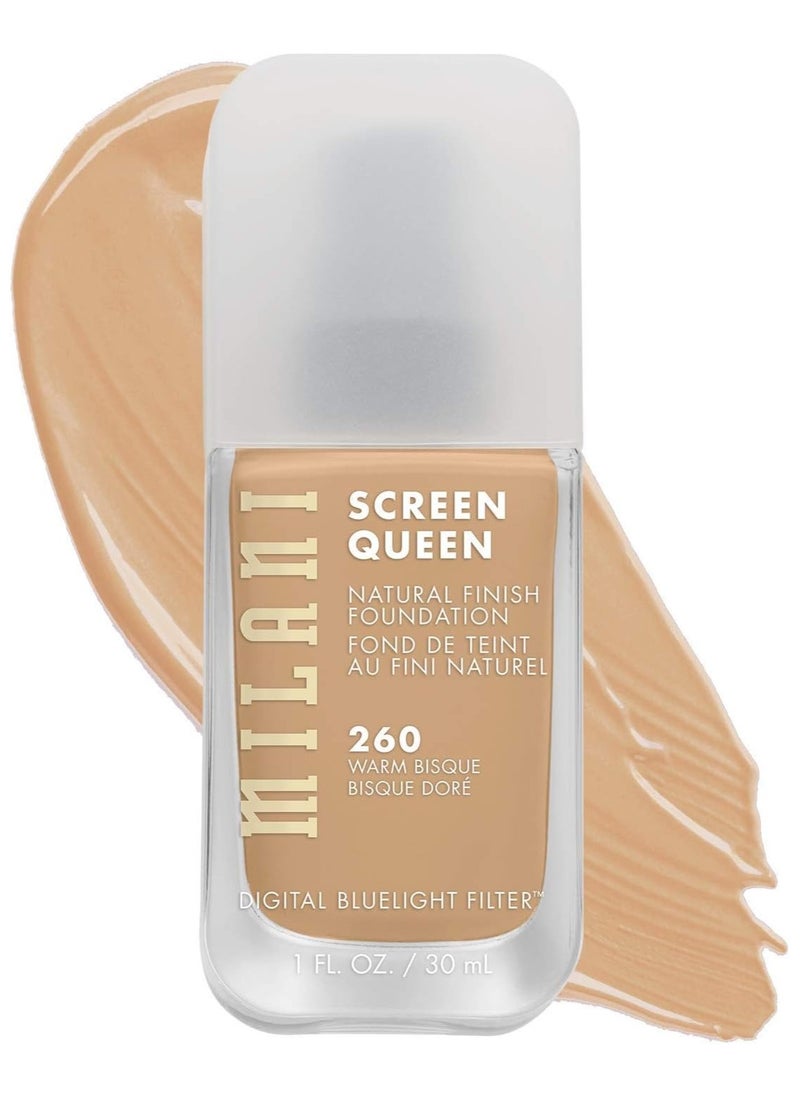 Milani Screen Queen Liquid Foundation Cruelty-Free, Blue Light Protection, Luminous Finish, Buildable Coverage, 260 Warm Bisque 30ml