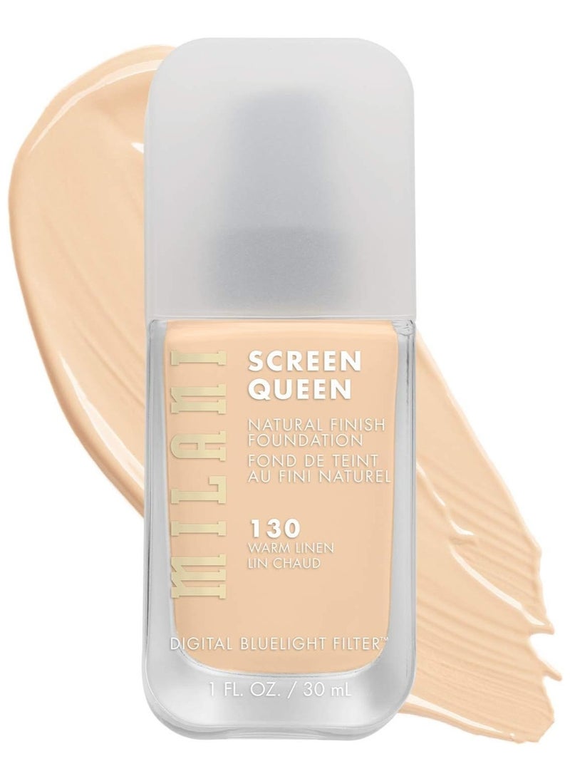 Milani Screen Queen Liquid Foundation Cruelty-Free, Blue Light Protection, Luminous Finish, Buildable Coverage, 130 Warm Linen 30ml