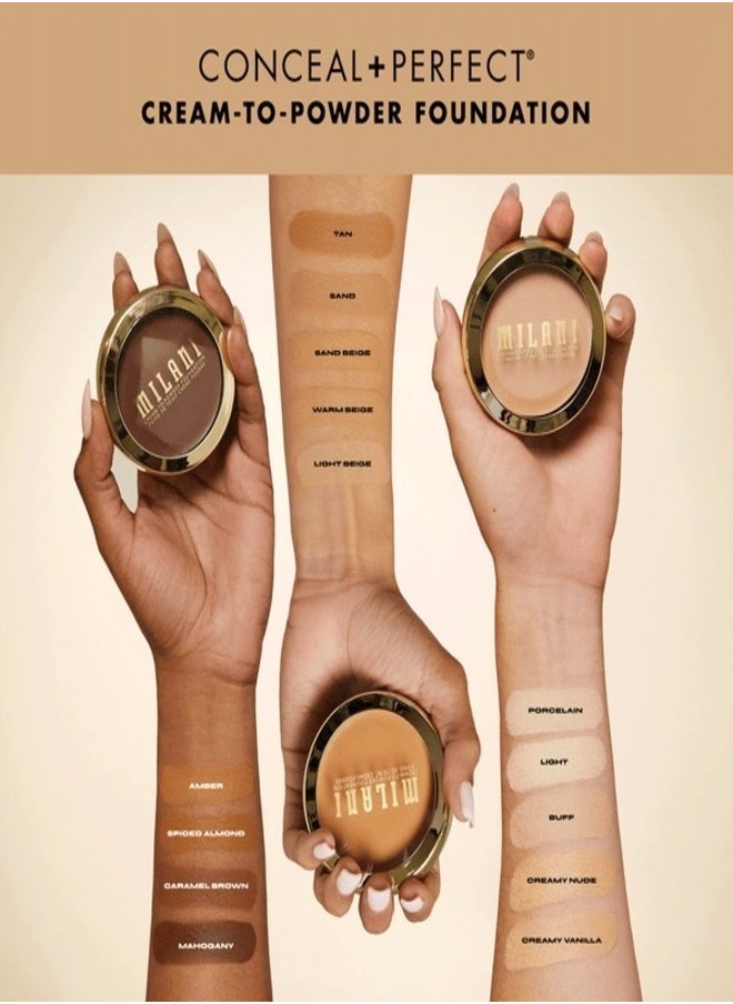 Milani Conceal + Perfect Smooth Finish Cream to Powder Foundation – 292 Caramel Brown | Full Coverage, Lightweight, Natural Matte Finish, Buildable Formula, Long-Lasting Wear, Vegan & Cruelty-Free