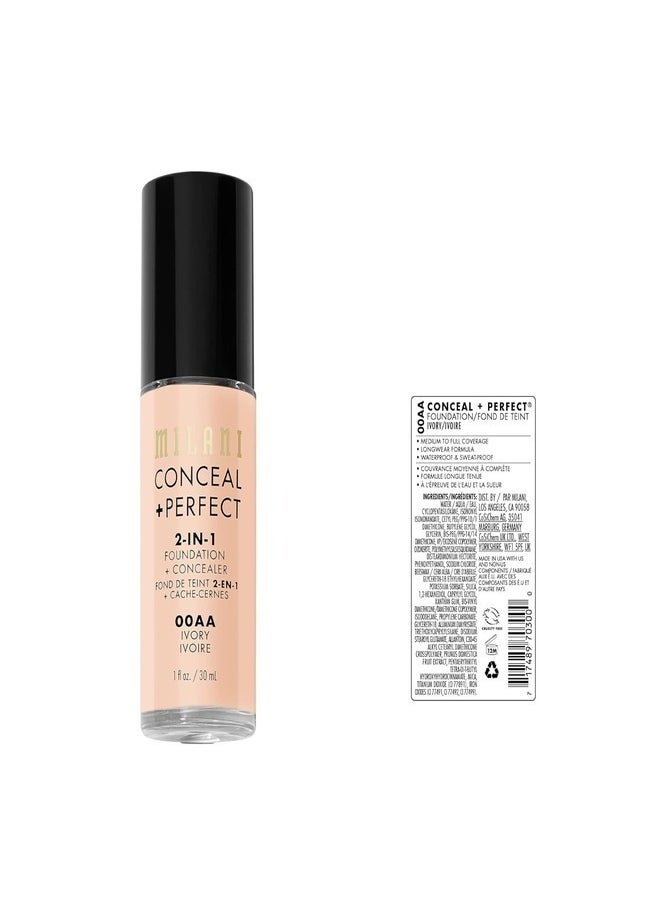 Milani Cosmetics Conceal + Perfect 2-In-1 Foundation + Concealer 00AA Ivory 30ml – Full Coverage, Lightweight, Long-Lasting, Water-Resistant, Oil-Free, Vegan & Cruelty-Free