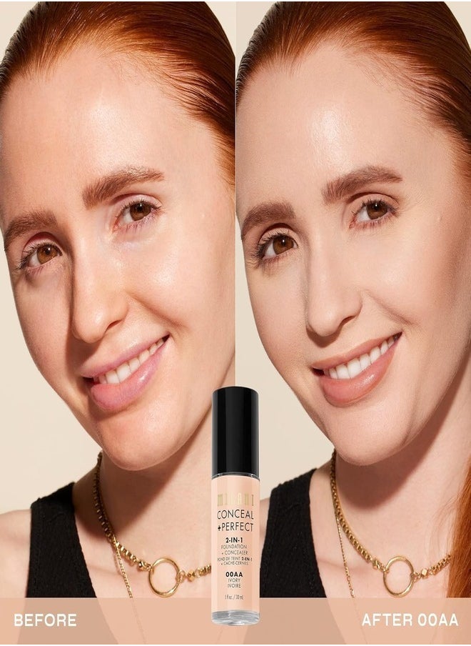 Milani Cosmetics Conceal + Perfect 2-In-1 Foundation + Concealer 00AA Ivory 30ml – Full Coverage, Lightweight, Long-Lasting, Water-Resistant, Oil-Free, Vegan & Cruelty-Free