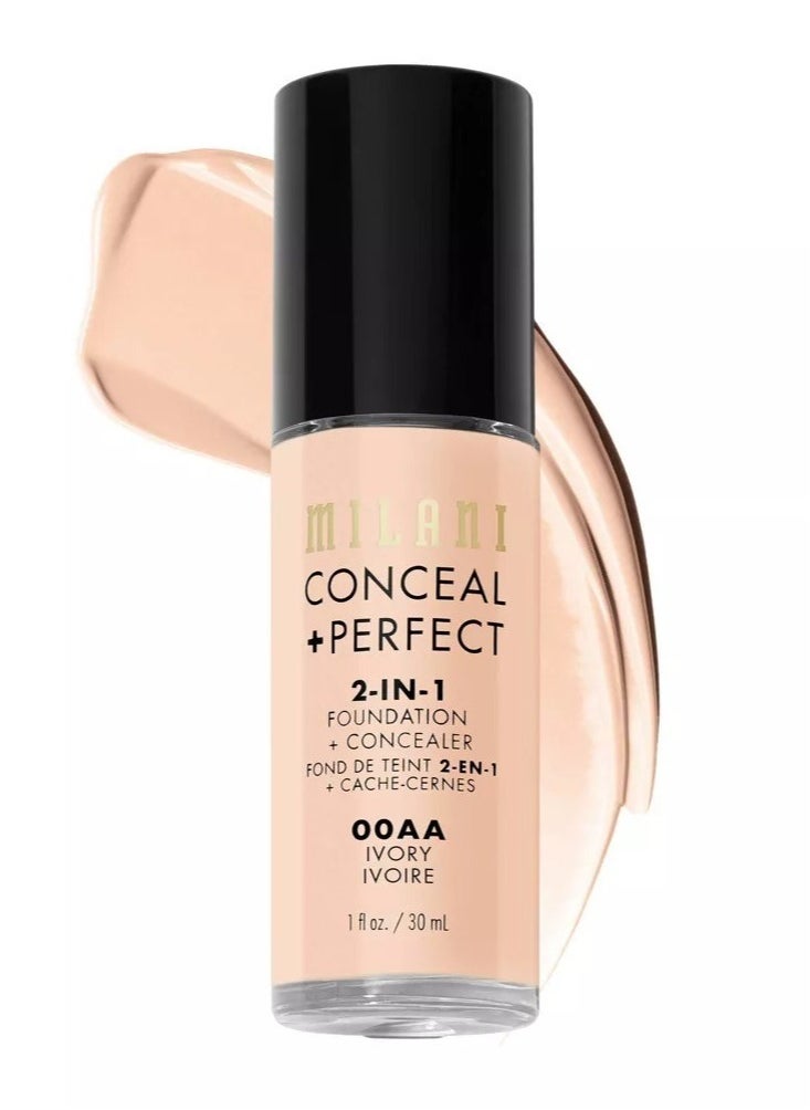 Milani Cosmetics Conceal + Perfect 2-In-1 Foundation + Concealer 00AA Ivory 30ml – Full Coverage, Lightweight, Long-Lasting, Water-Resistant, Oil-Free, Vegan & Cruelty-Free