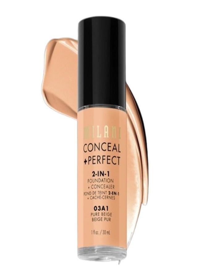 Milani Cosmetics Conceal + Perfect 2-In-1 Foundation + Concealer 03A1 Pure Beige 30ml – Full Coverage, Lightweight, Long-Lasting, Water-Resistant, Oil-Free, Vegan & Cruelty-Free