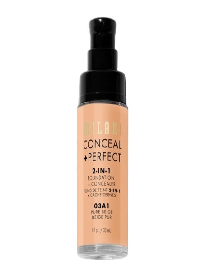 Milani Cosmetics Conceal + Perfect 2-In-1 Foundation + Concealer 03A1 Pure Beige 30ml – Full Coverage, Lightweight, Long-Lasting, Water-Resistant, Oil-Free, Vegan & Cruelty-Free