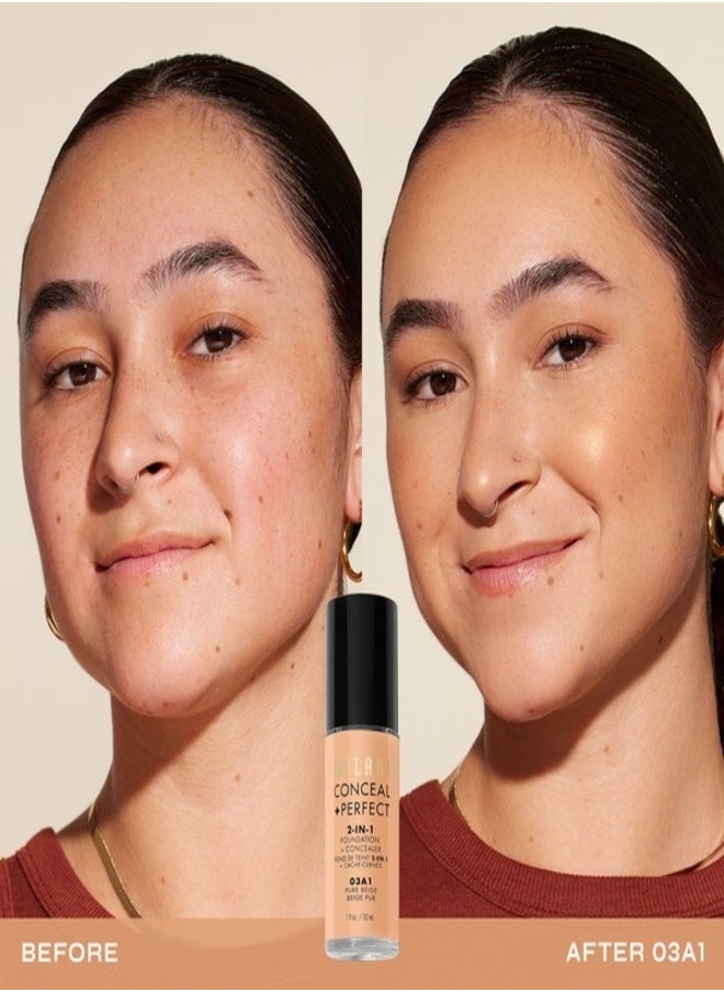 Milani Cosmetics Conceal + Perfect 2-In-1 Foundation + Concealer 03A1 Pure Beige 30ml – Full Coverage, Lightweight, Long-Lasting, Water-Resistant, Oil-Free, Vegan & Cruelty-Free