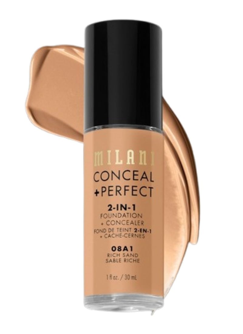 Milani Cosmetics Conceal + Perfect 2-In-1 Foundation + Concealer 08A1 Rich Sand Tan with Warm Neutral Undertone 30ml – Full Coverage, Lightweight, Long-Lasting, Water-Resistant, Oil-Free, Vegan & Cruelty-Free