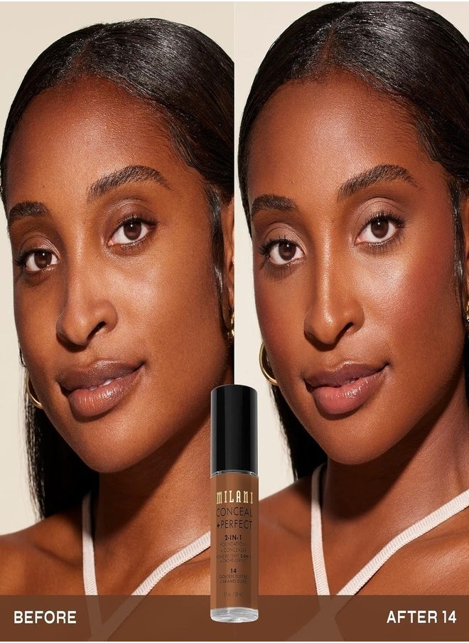 Milani Cosmetics Conceal + Perfect 2-In-1 Foundation + Concealer 14 Golden 30ml – Full Coverage, Lightweight, Long-Lasting, Water-Resistant, Oil-Free, Vegan & Cruelty-Free