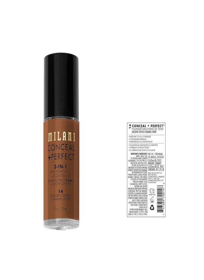 Milani Cosmetics Conceal + Perfect 2-In-1 Foundation + Concealer 14 Golden 30ml – Full Coverage, Lightweight, Long-Lasting, Water-Resistant, Oil-Free, Vegan & Cruelty-Free