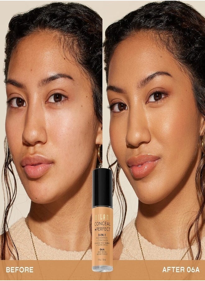 Milani Cosmetics Conceal + Perfect 2-In-1 Foundation + Concealer 06A Deep Beige 30ml – Full Coverage, Lightweight, Long-Lasting, Water-Resistant, Oil-Free, Vegan & Cruelty-Free