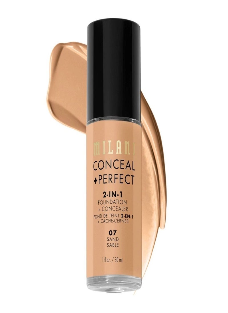 Milani Cosmetics Conceal + Perfect 2-In-1 Foundation + Concealer 07 Sand Tan with Cool Undertone 30ml – Full Coverage, Lightweight, Long-Lasting, Water-Resistant, Oil-Free, Vegan & Cruelty-Free