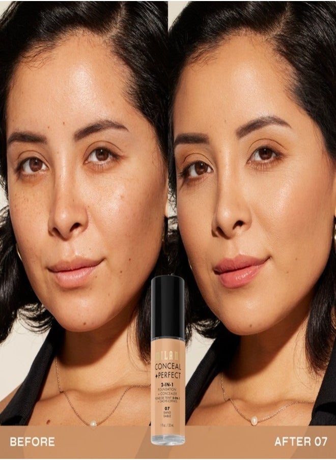 Milani Cosmetics Conceal + Perfect 2-In-1 Foundation + Concealer 07 Sand Tan with Cool Undertone 30ml – Full Coverage, Lightweight, Long-Lasting, Water-Resistant, Oil-Free, Vegan & Cruelty-Free