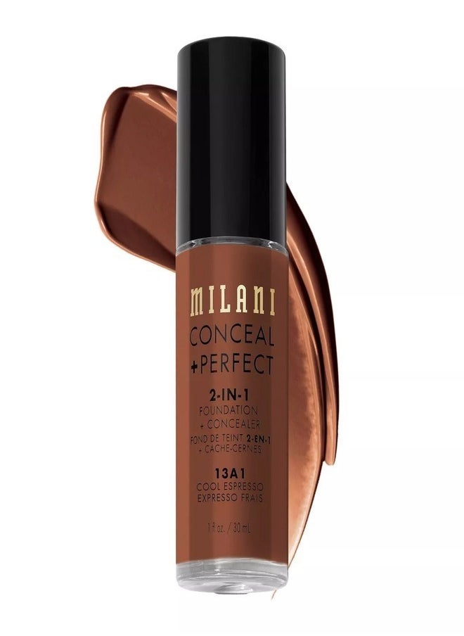 Milani Cosmetics Conceal + Perfect 2-In-1 Foundation + Concealer Cool Espresso 13A1 30ml – Full Coverage, Lightweight, Long-Lasting, Water-Resistant, Oil-Free, Vegan & Cruelty-Free