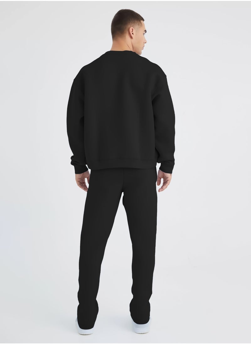 Mens Solid Black Round Neck Sweatshirt and Jogger Cotton Loopknit Fleece Co-Ords