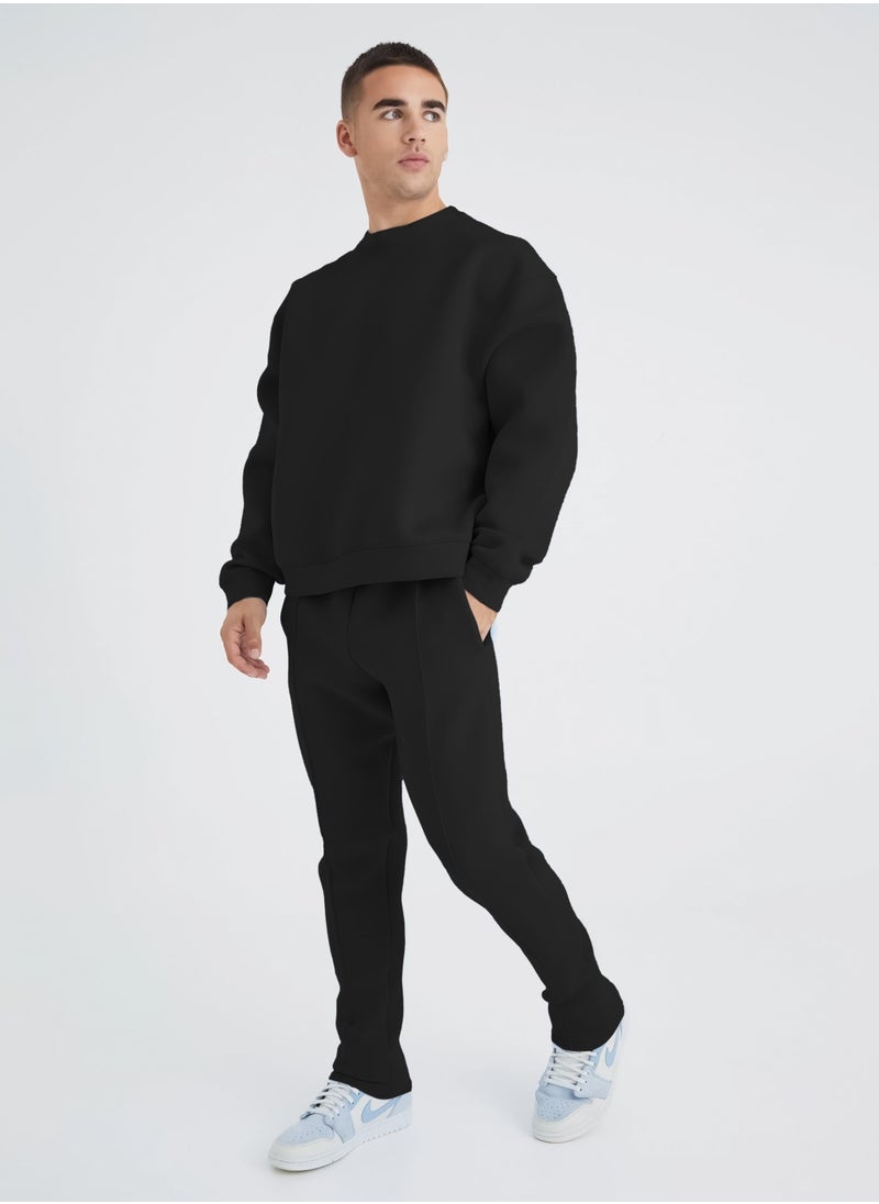 Mens Solid Black Round Neck Sweatshirt and Jogger Cotton Loopknit Fleece Co-Ords