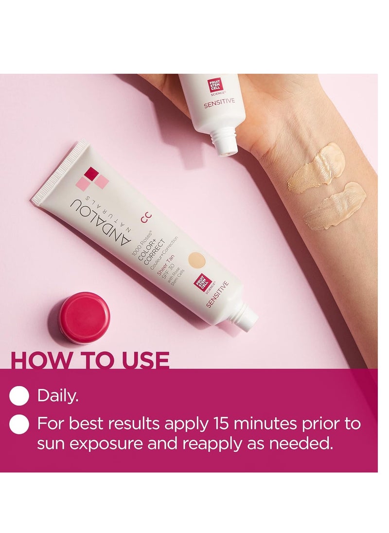 Andalou Naturals 1000 Roses CC Color + Correct with SPF 30, Sheer Tan, 2-in-1 Face Sunscreen + CC Cream for Sensitive Skin, Helps Correct Uneven Skin Tone, Reef Safe Sunscreen, 2 Fl Oz