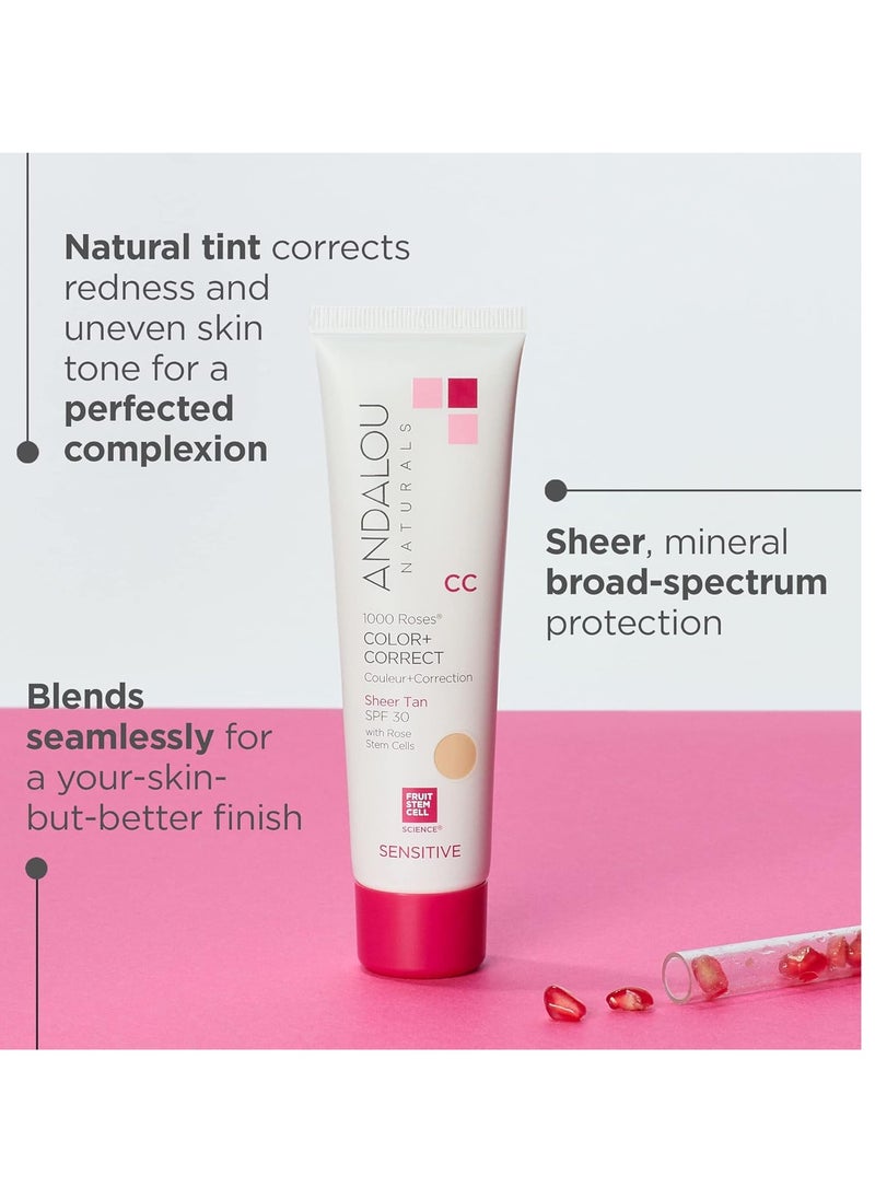 Andalou Naturals 1000 Roses CC Color + Correct with SPF 30, Sheer Tan, 2-in-1 Face Sunscreen + CC Cream for Sensitive Skin, Helps Correct Uneven Skin Tone, Reef Safe Sunscreen, 2 Fl Oz