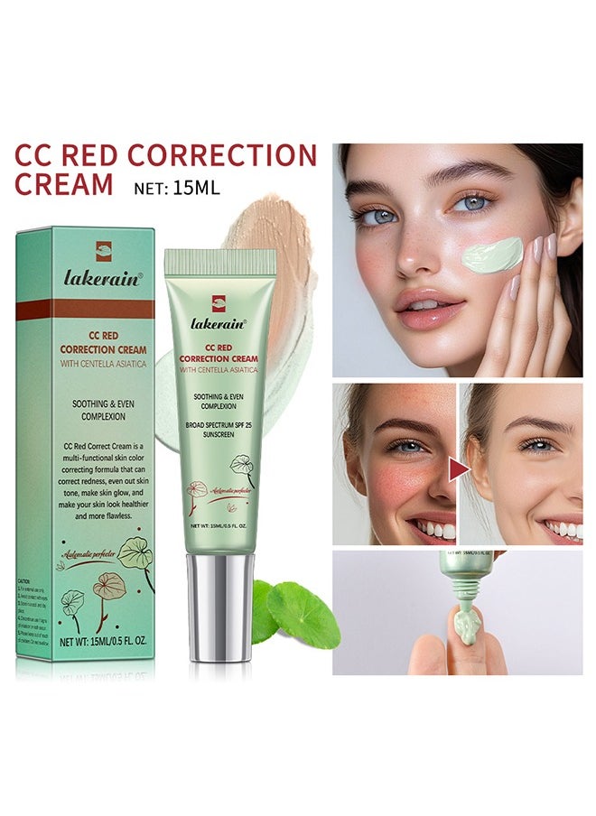 CC Red Correction Cream With Centella Asiatica- Color Correcting Formula for Blemishes, Red Skin, & Acne Marks - Lightweight, Non-Greasy - Hydration Skin and SPF25 Protection, Nude Make up #1(Green)