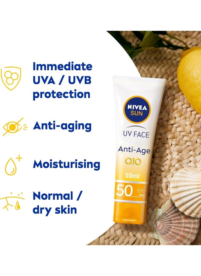 NIVEA SUN Face Cream, SPF 50, High UVA and UVB Protection, with Q10 Technology, Anti-Age, Water Resistant, Non-Greasy, 50ml