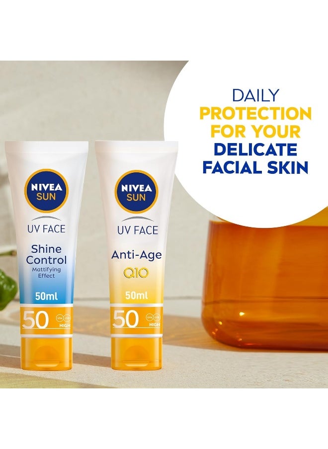 NIVEA SUN Face Cream, SPF 50, High UVA and UVB Protection, with Q10 Technology, Anti-Age, Water Resistant, Non-Greasy, 50ml