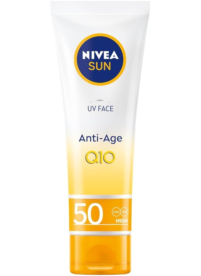 NIVEA SUN Face Cream, SPF 50, High UVA and UVB Protection, with Q10 Technology, Anti-Age, Water Resistant, Non-Greasy, 50ml