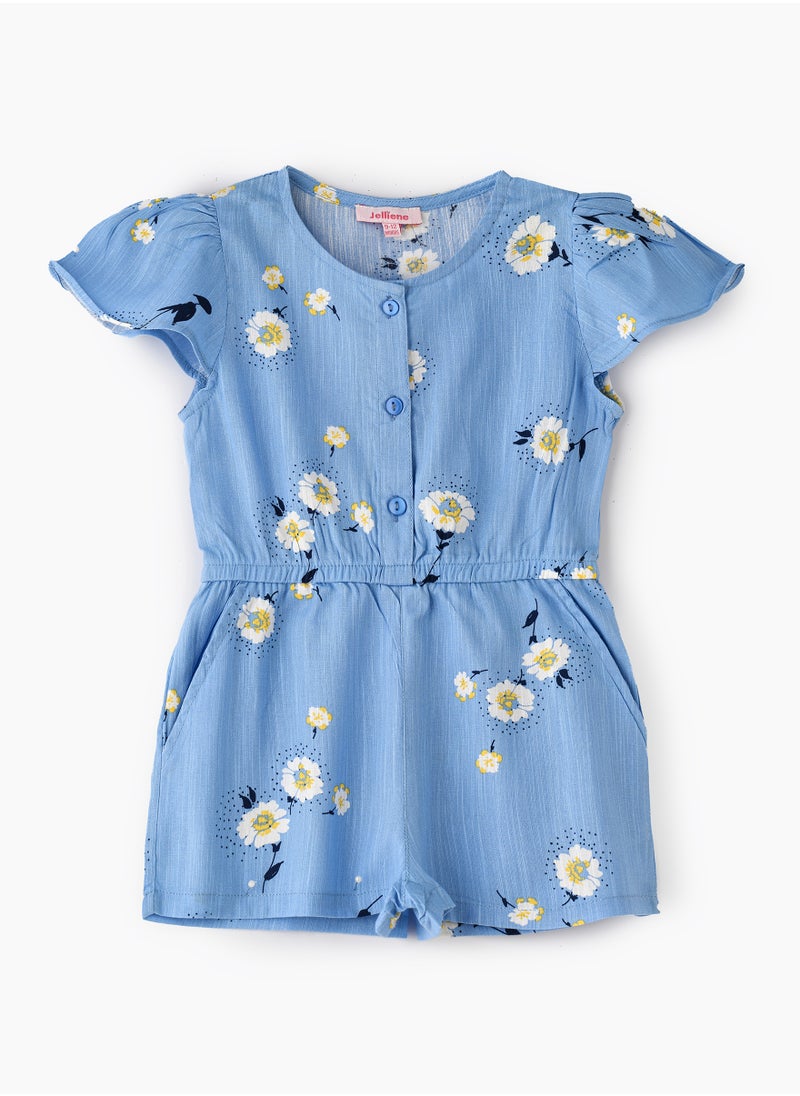 Girls' Blue Floral Button-Down Playsuit